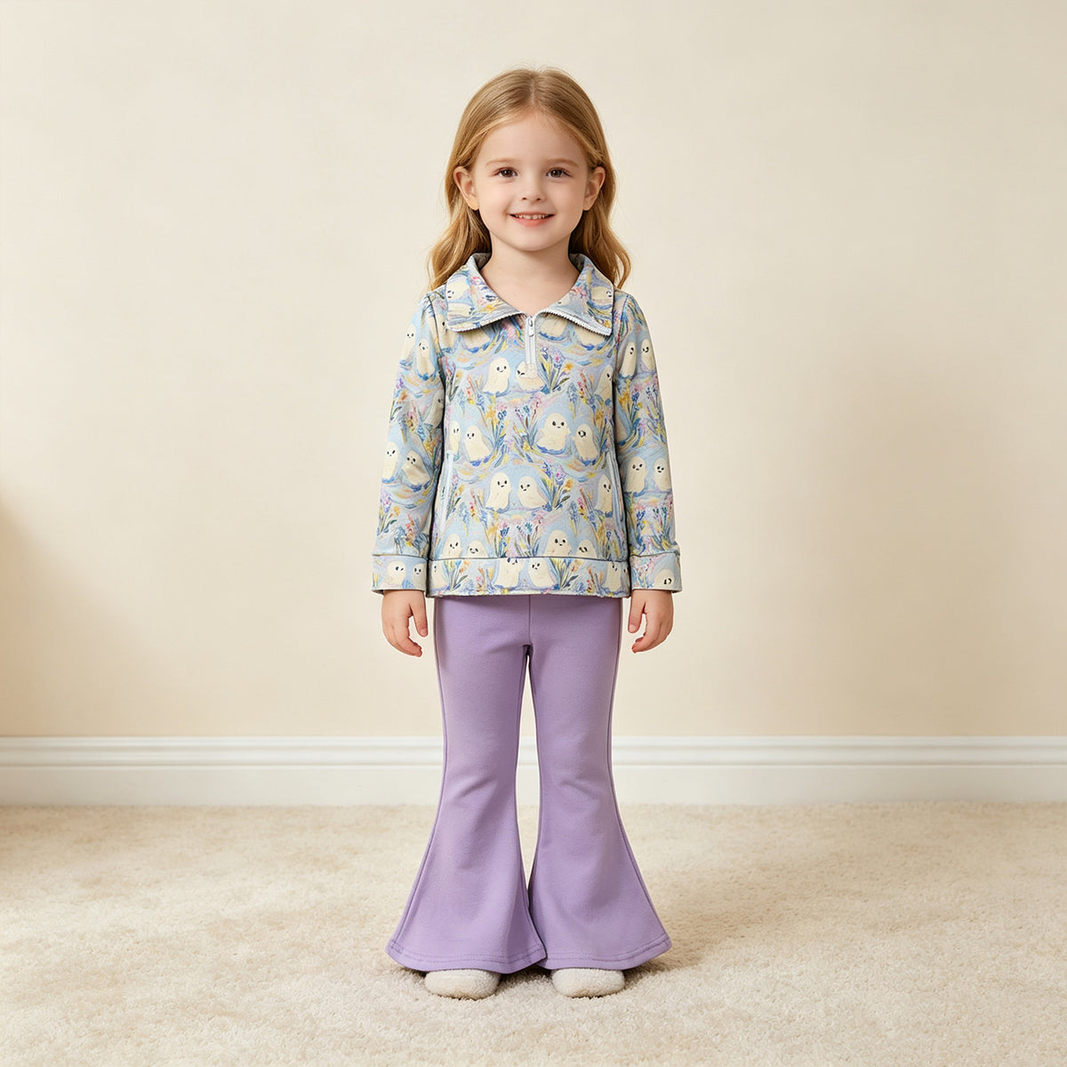 NEW RTS NO MOQ milk silk GLP3506 Baby Girls Ghosts Zip Pockets Pullovers Flare Pant Halloween Clothes Set
