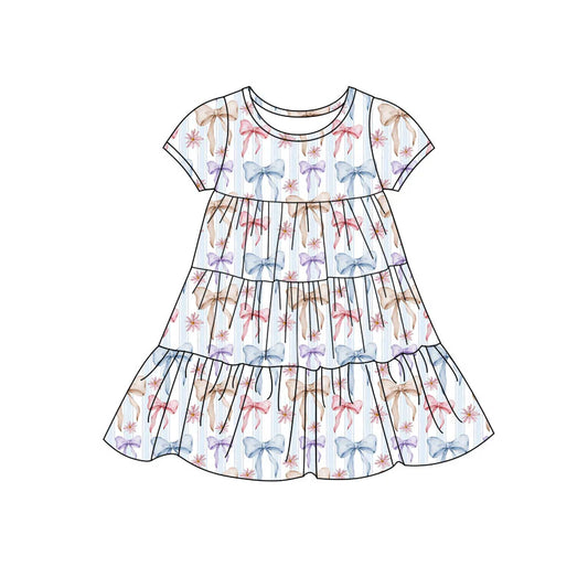 X11.20Preorder(moq 5) Baby Girls Colorful Bows Stripe Patchwork Ruffle Knee Length Dresses
