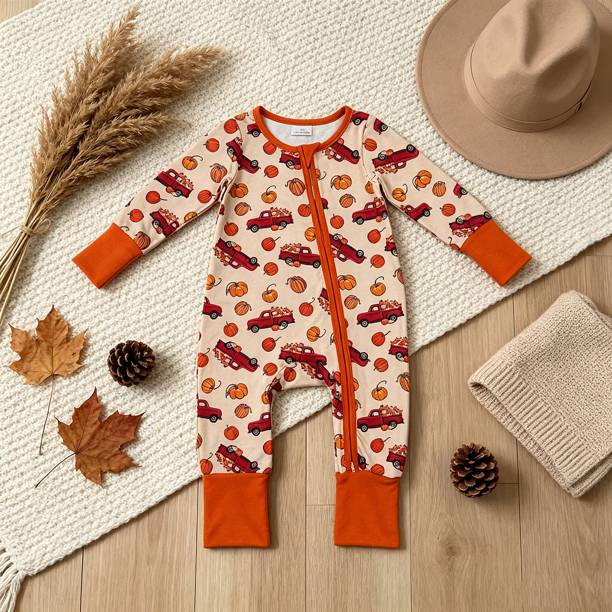 NEW RTS NO MOQ milk silk LR3234 Baby Boys Pumpkins Trucks Fall Two Way Zip Convertible Romper