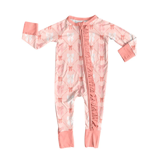 8.13Preorder(moq 5)Baby Girls Coral Bows Ruffle Zipper Footie Rompers
