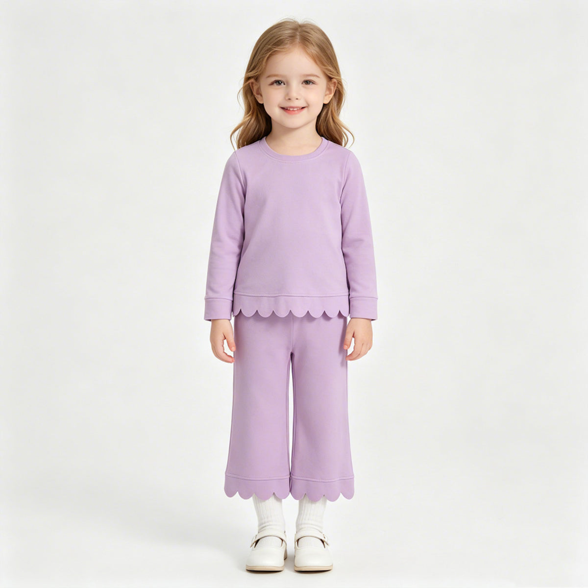 NEW RTS NO MOQ cotton GLP3289 Baby Girls Lavender Long Sleeve Top Pants Scallop Pajamas Clothes Sets
