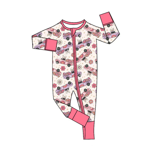 X11.21 Preorder (moq 5)Baby Girls Flowers Eggs Trucks Easter Two Way Zip Convertible Rompers