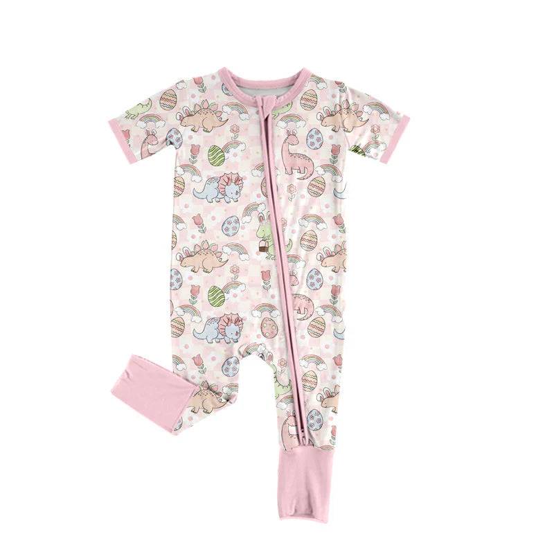 X11.21 Preorder (moq 5)Baby Girls Pink Dinosaurs Eggs Easter Two Way Zip Convertible Rompers