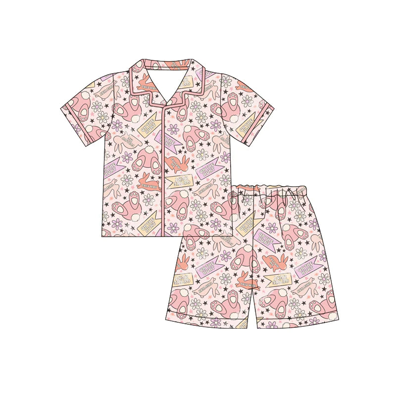 X12.18 Preorder (moq 5)Baby Girls Rabbits Flowers On the Hunt Button Top Shorts Easter Pajamas Sets