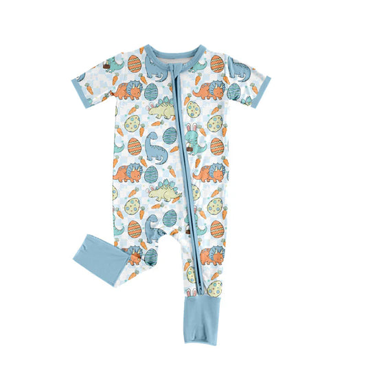 X11.21 Preorder (moq 5)Baby Boys Blue Dinosaurs Eggs Easter Two Way Zip Convertible Rompers