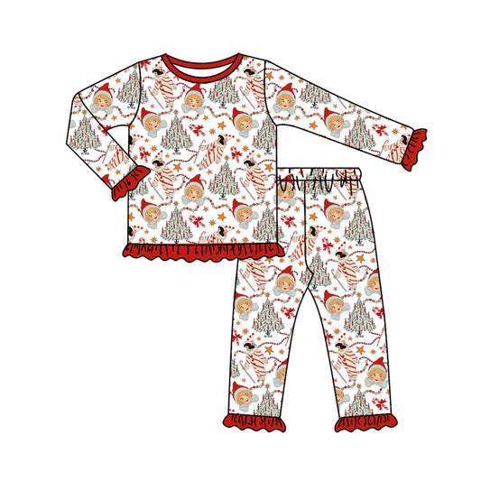 7.11Preorder (moq 5)Baby Girls Long Ruffle Sleeves Snowman Trees Top Pants Pajamas Set