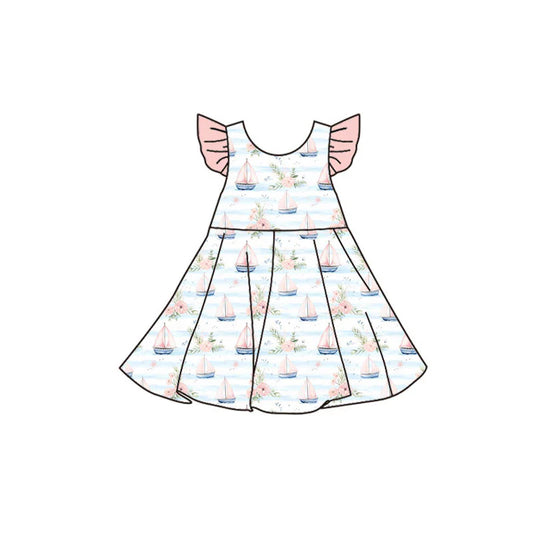 X11.19Preorder(moq 5) Baby Girls Flutter Sleeve Flowers Boats Stripe Knee Length Dresses
