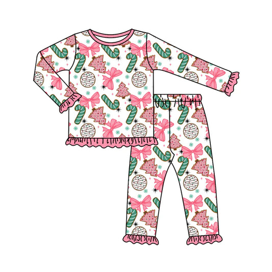 X917Preorder (moq 5)Baby Girls Long Ruffle Sleeves Bows Candy Cane Top Pants Pajamas Set