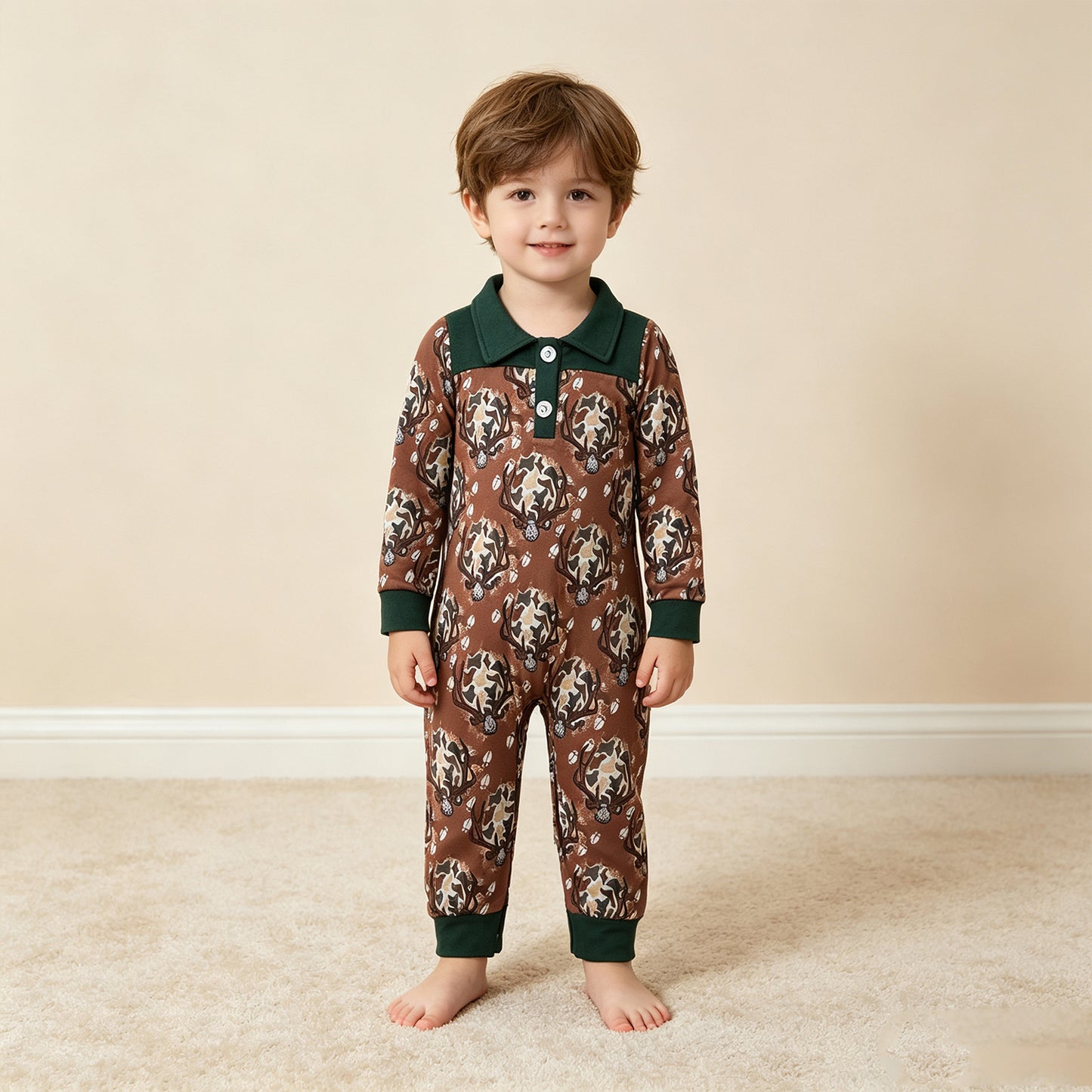 NEW RTS NO MOQ milk silk LR3013 Baby Boys Long Sleeve Camo Deer Button Hunting Pant Rompers