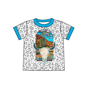 5.29 Blue Bull Head Leopard Print Short Sleeve Top