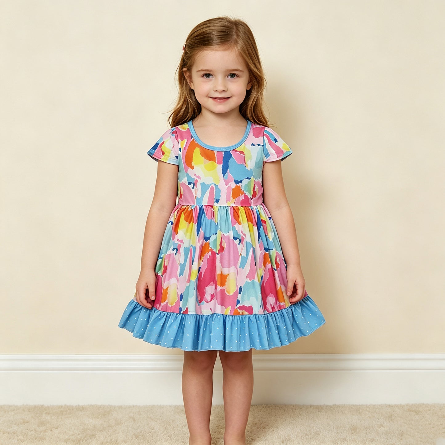 NEW RTS NO MOQ milk silk GSD2610 Baby Girls Cute Short Sleeve Watercolor Camo Print Ruffle Trim Pocket Knee Length Dress