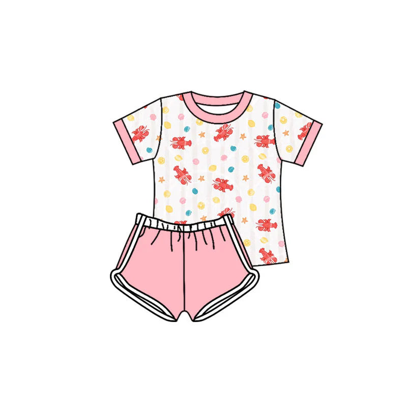 X11.19Preorder(moq 5) Baby Girls Crayfishes Shells Stripe Top Shorts Clothes Sets