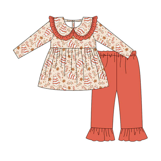 7.9Preorder (moq 5)Baby Girls Long Sleeves Trees Gingerbread Tunic Ruffle Pant Clothes Set