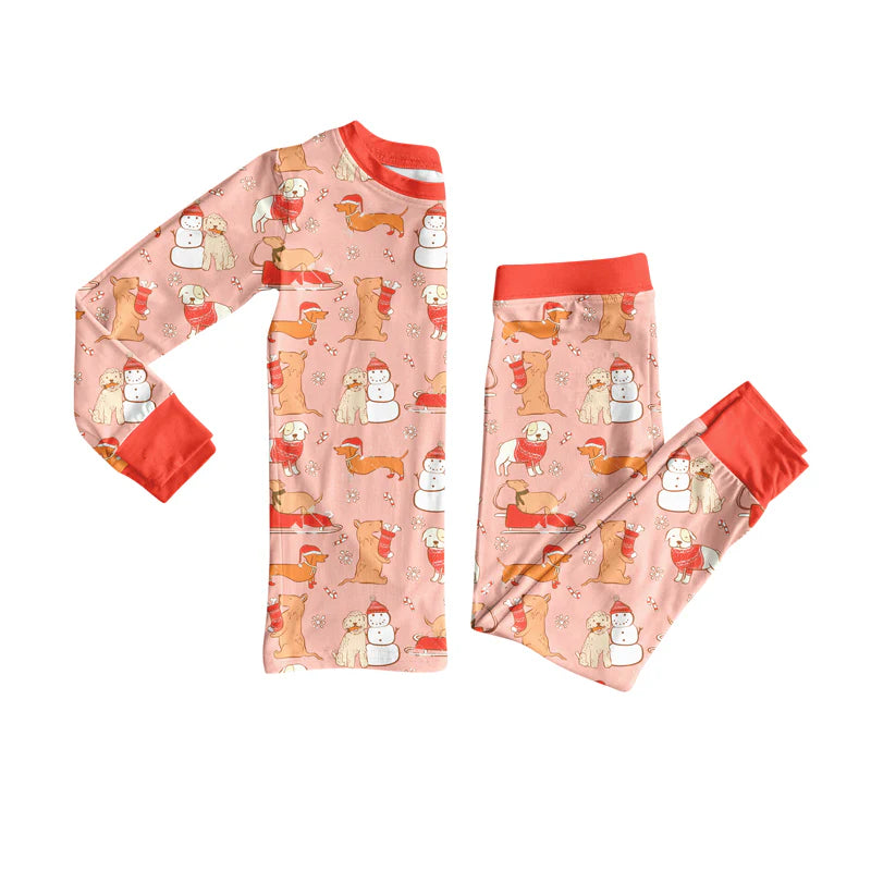 7.16Preorder (moq 5)Baby Girls Peach Long Sleeves Snowman Dogs Top Pant Pajamas Set