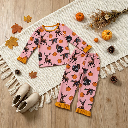 NEW RTS NO MOQ milk silk GLP3655 Baby Girls Pumpkins Deer Top Ruffle Pant Thanksgivings Pajamas Sets