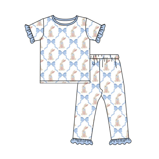 X12.16 Preorder (moq 5)Baby Girls Blue Bows Rabbits Checked Top Ruffle Pants Easter Pajamas Sets