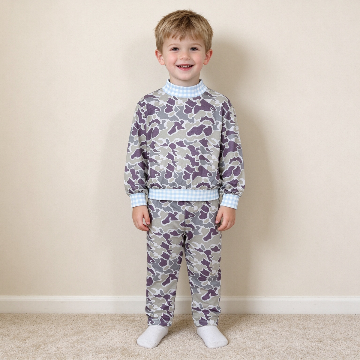 NEW RTS NO MOQ milk silk BLP1567（BT1922+P1191）High Neck Baby Boys Grey Camo Print Top And Leggings Pant Casual Set