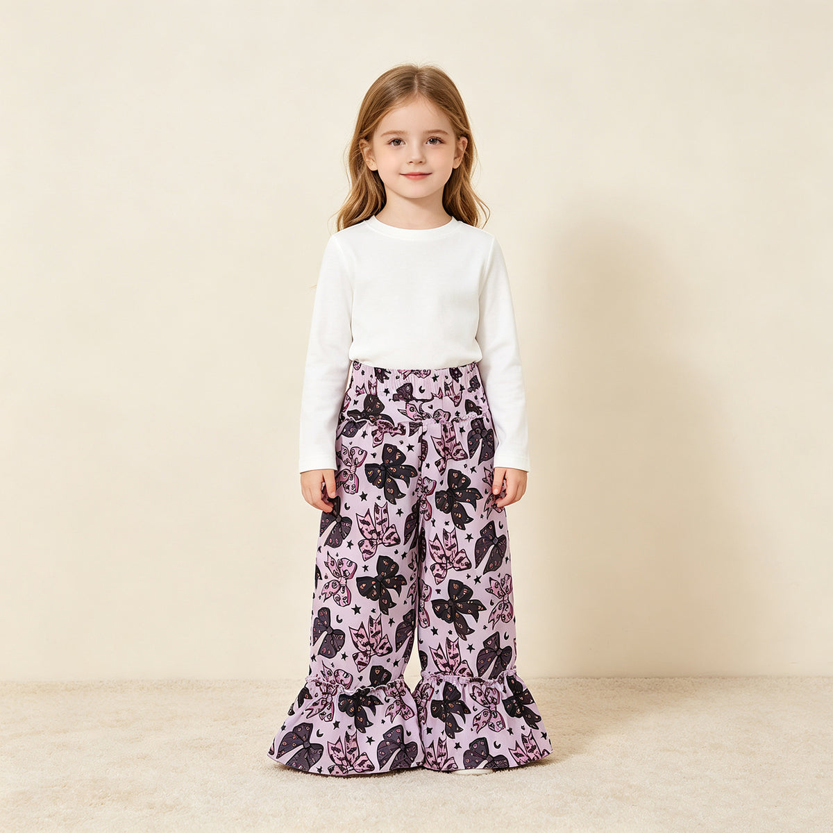NEW RTS NO MOQ milk silk P1069 Baby Girls Black Pink Ghost Bows Stars Halloween Ruffle Flare Pants