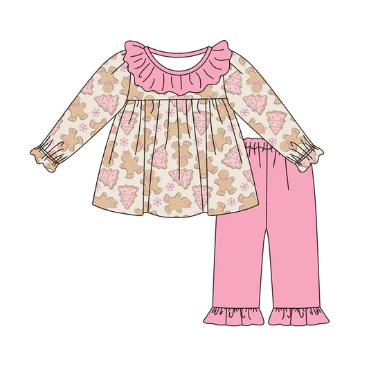 7.9Preorder (moq 5)Baby Girls Long Sleeves Pink Candy Gingerbread Tunic Ruffle Pant Clothes Set
