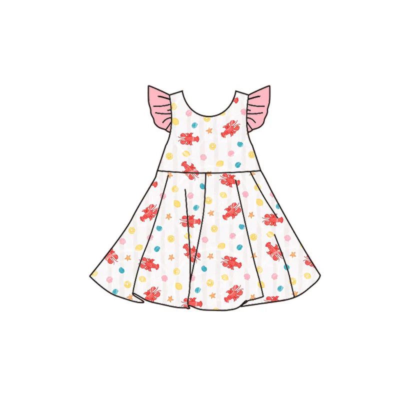 X11.19Preorder(moq 5) Baby Girls Flutter Sleeve Crayfishes Shells Stripe Knee Length Dresses
