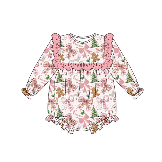 7.14Preorder (moq 5)Baby Girls Long Sleeves Pink Bows Gingerbread Trees Ruffle Romper