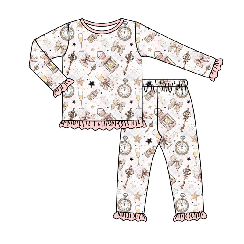 7.19Preorder (moq 5)Baby Girls Long Ruffle Sleeves Pink Key Stars Plaid Top Pants Pajamas Set