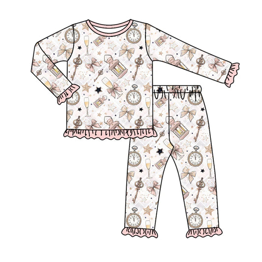 7.19Preorder (moq 5)Baby Girls Long Ruffle Sleeves Pink Key Stars Plaid Top Pants Pajamas Set