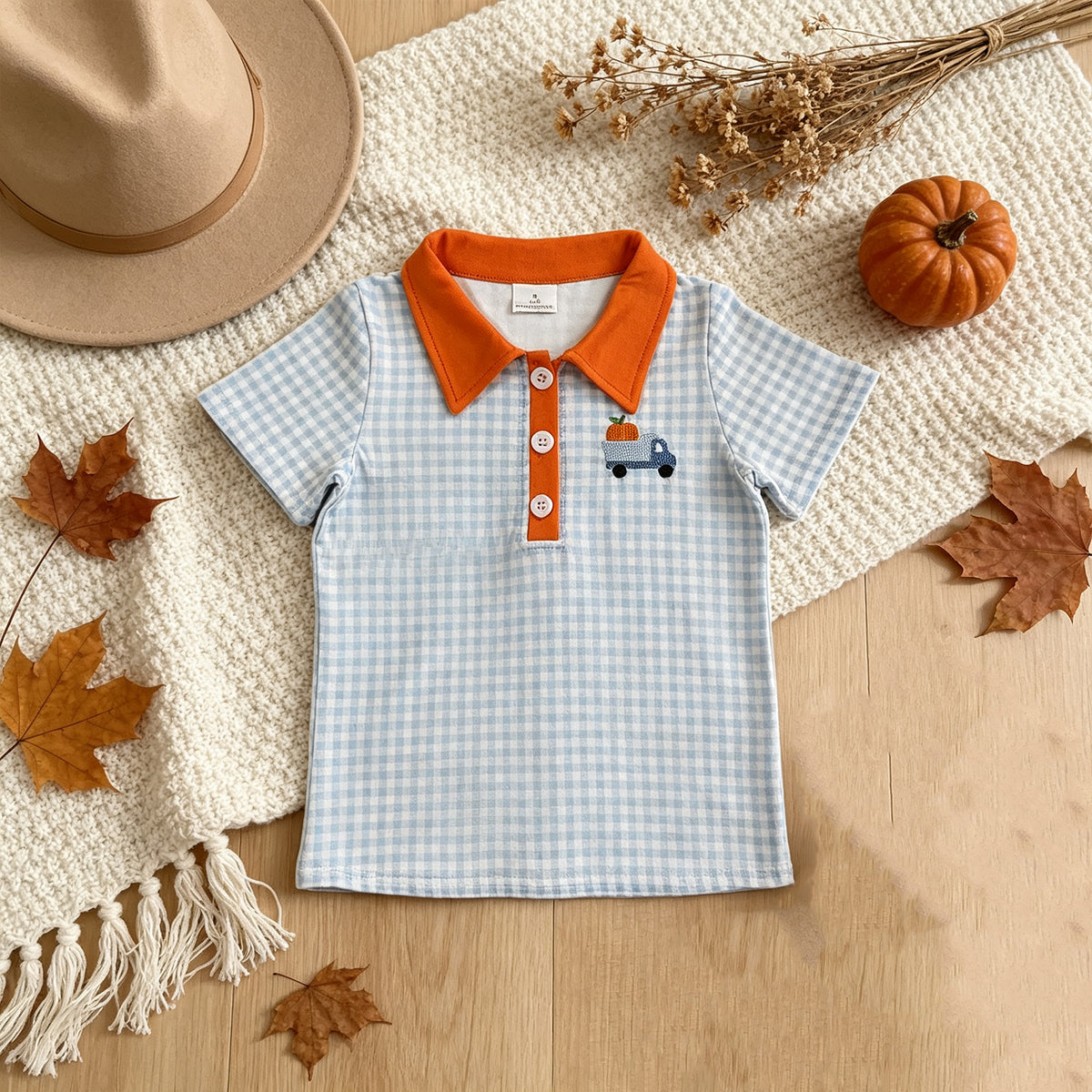NEW RTS NO MOQ milk silk BT1890 Embroidery Pumpkin Baby Boys Blue Checked Truck Fall Button Polo Shirts Top
