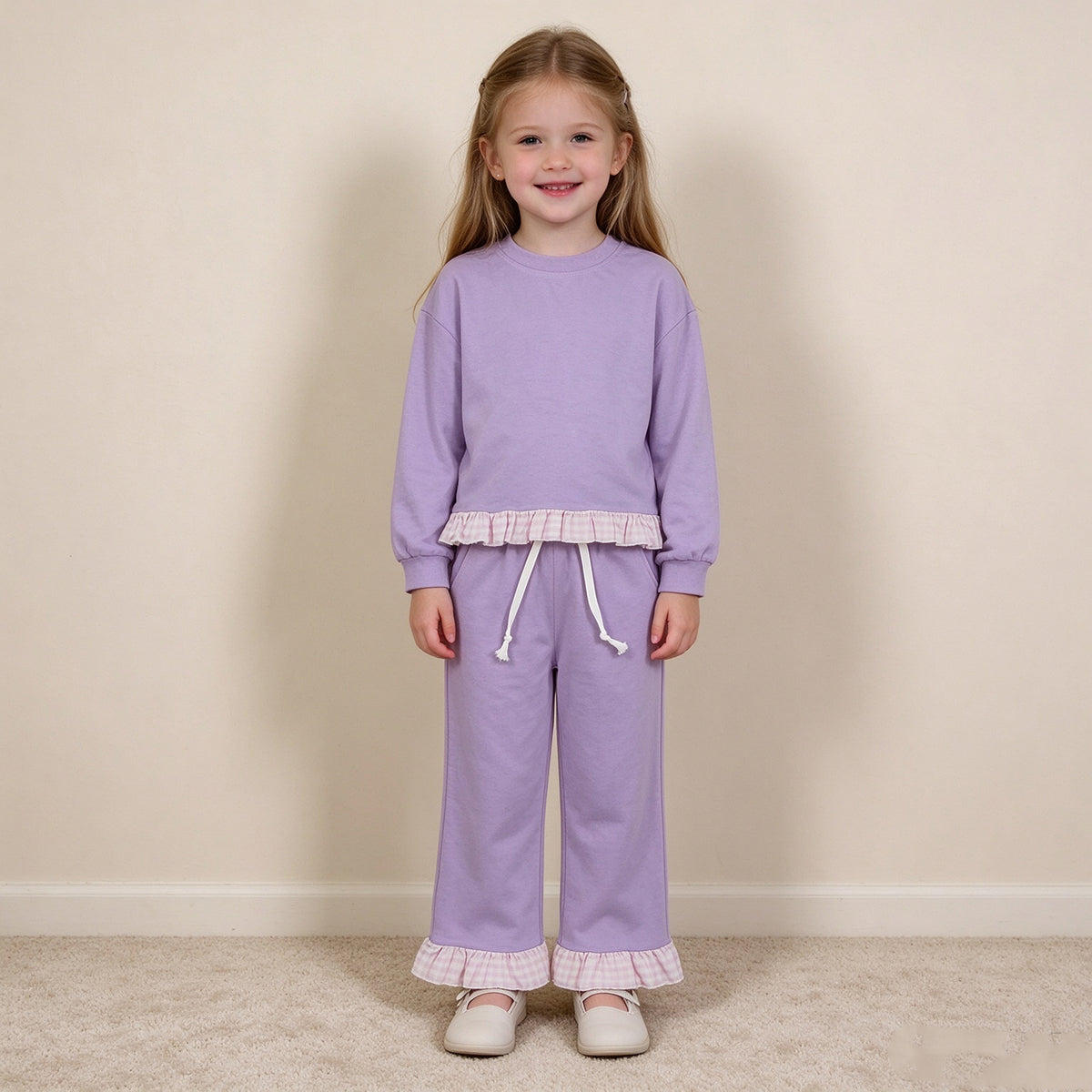 NEW RTS NO MOQ milk silk GLP3755 Baby Girls Lavender Long Sleeve Top Ruffle Pant Fall Clothes Set