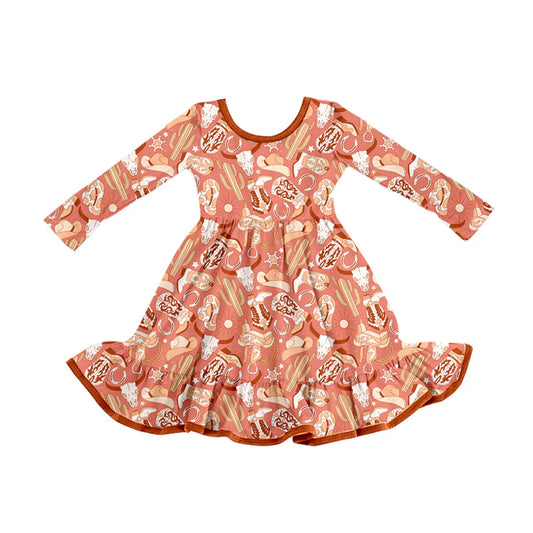 8.13Baby Girls Western Boots Cactus Cow Ruffle Knee Length Dresses