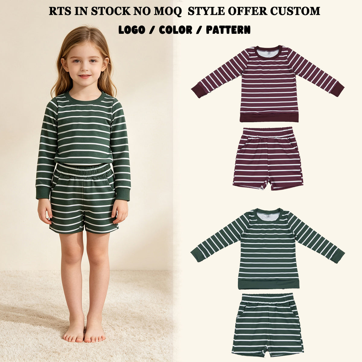 RTS NO MOQ Sibling yoga Baby Girls Long Sleeves Stripe Top Short Yoga Active Clothes Sets