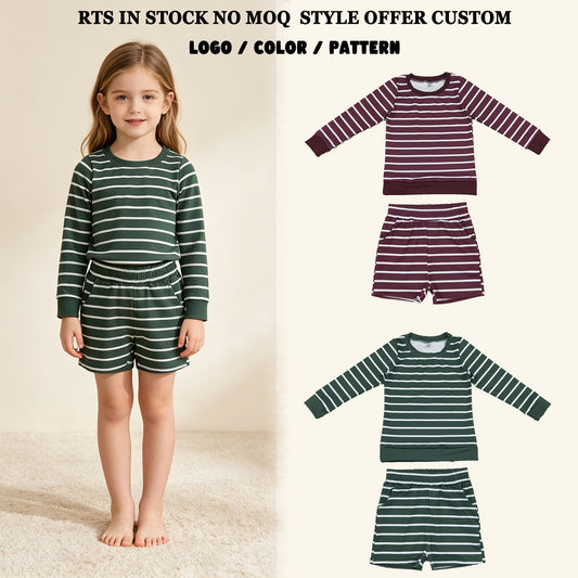 RTS NO MOQ Sibling yoga Baby Girls Long Sleeves Stripe Top Short Yoga Active Clothes Sets