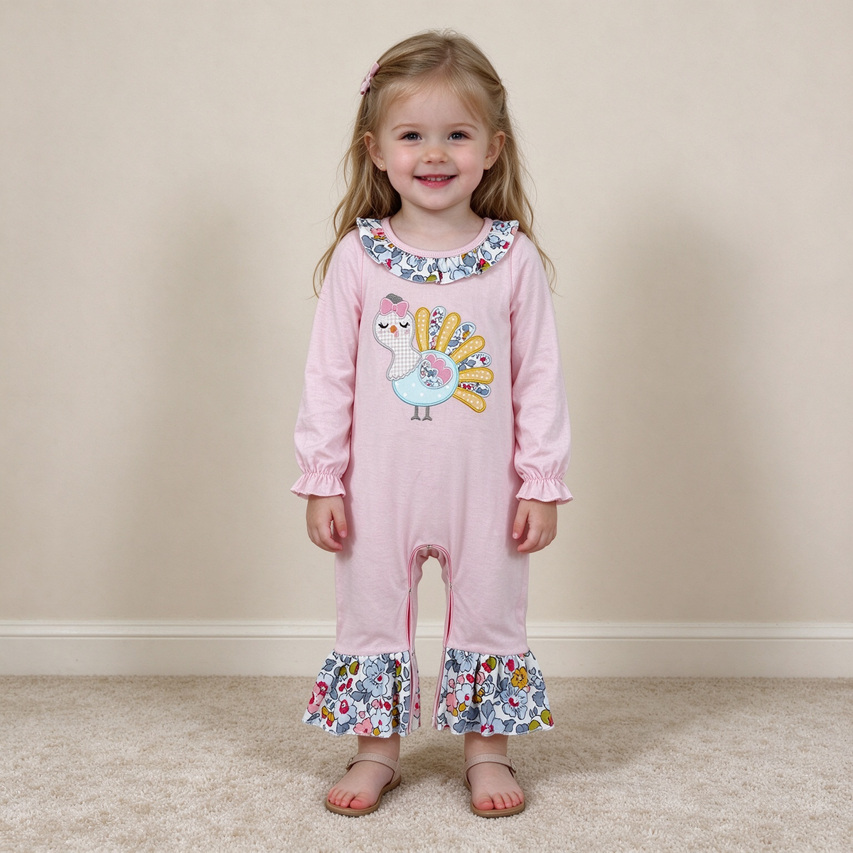 NEW RTS NO MOQ milk silk LR3216 Embroidery Flowers Turkey Baby Girls Thanksgivings Ruffle Pant Rompers