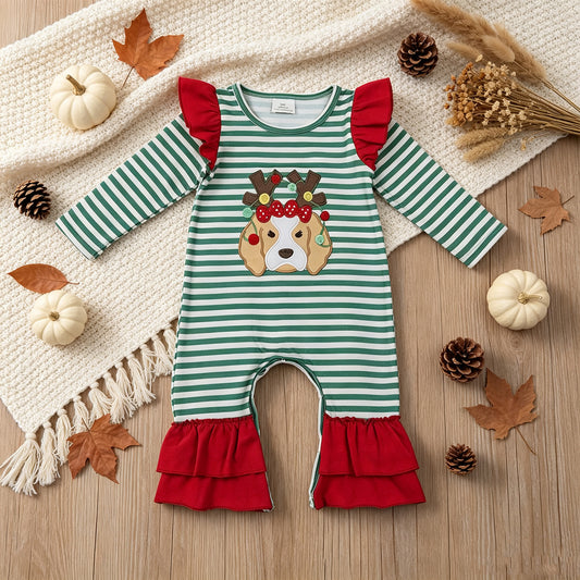 NEW RTS NO MOQ milk silk LR3145 Embroidery Lights Dog Baby Girls Green Stripe Christmas Ruffle Pant Rompers