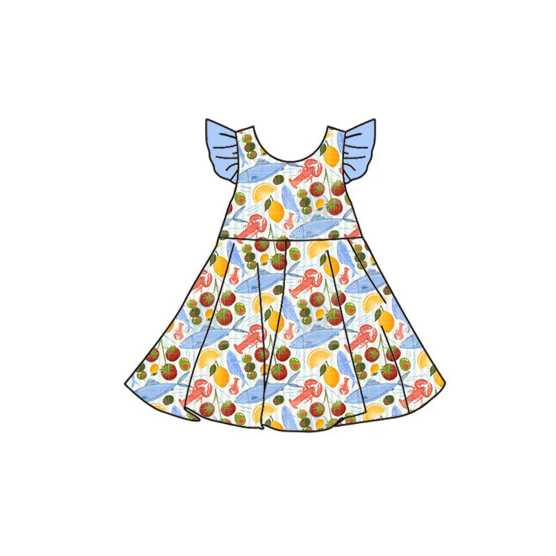X11.19Preorder(moq 5) Baby Girls Flutter Sleeve Crayfishes Fishes Knee Length Dresses