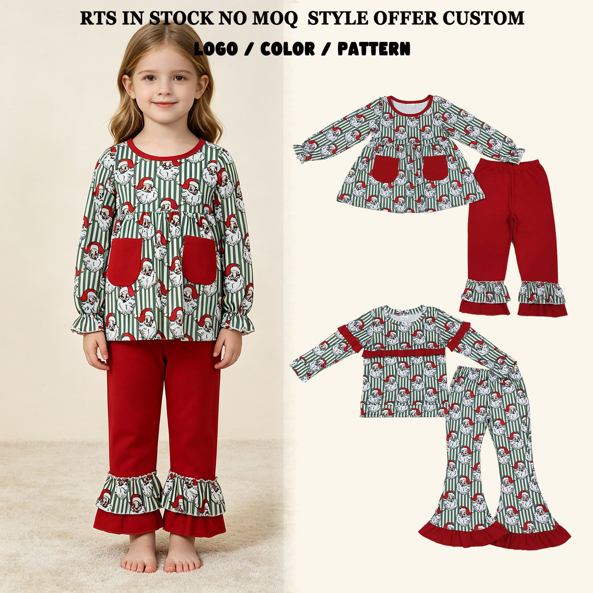RTS NO MOQ Sibling milk silk Baby Girls Santa Green Stripe Pockets Top Bell Bottom Pant Christmas Clothes Sets