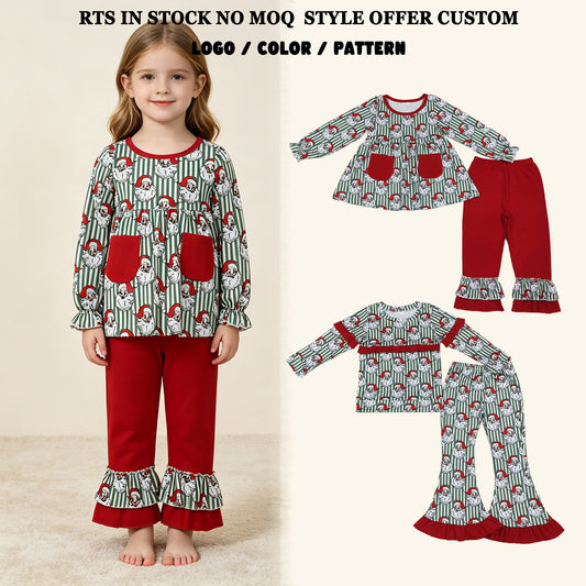 RTS NO MOQ Sibling milk silk Baby Girls Santa Green Stripe Pockets Top Bell Bottom Pant Christmas Clothes Sets