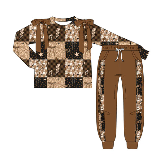 7.9Preorder (moq 5)Baby Girls Long Sleeves Brown Bows Stars Top Pockets Pant Clothes Set