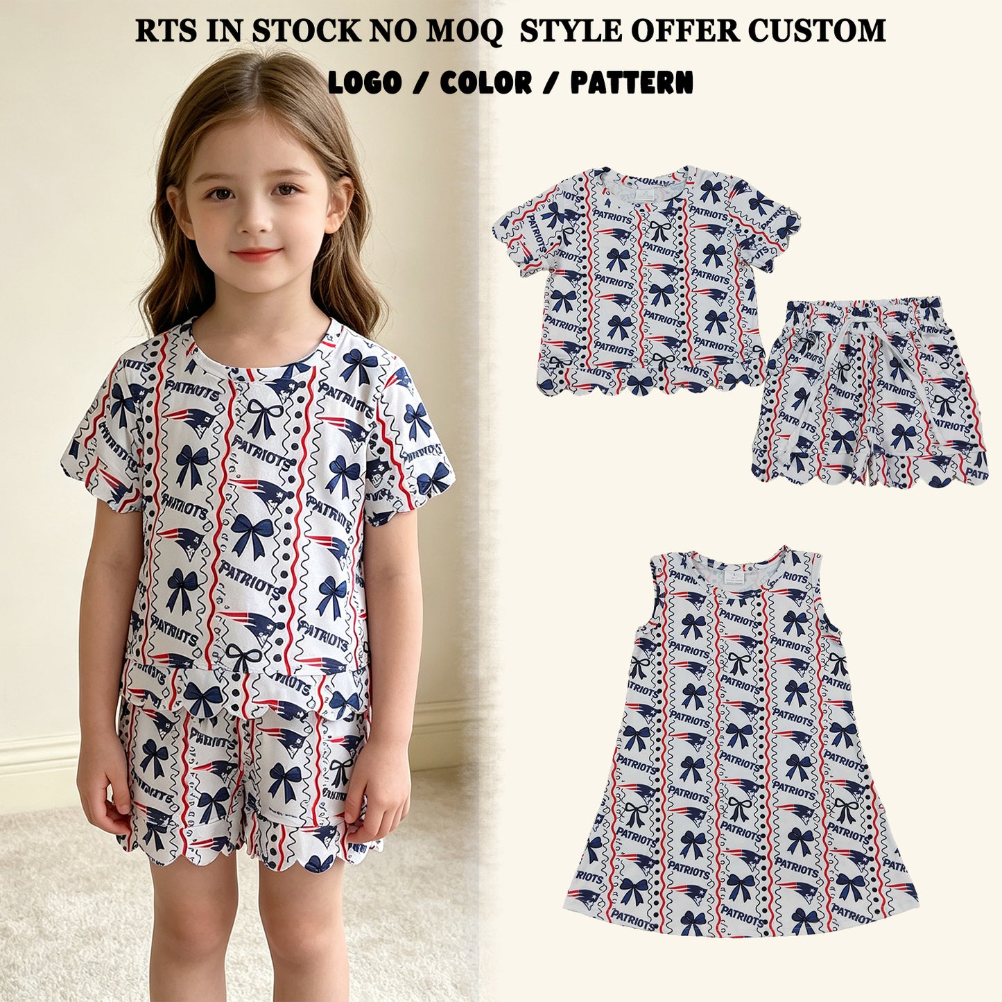 RTS NO MOQ Sibling milk silk Baby Girls Patriots Bows Stripe Top Pockets Short Team Scallop Clothes Sets Dress