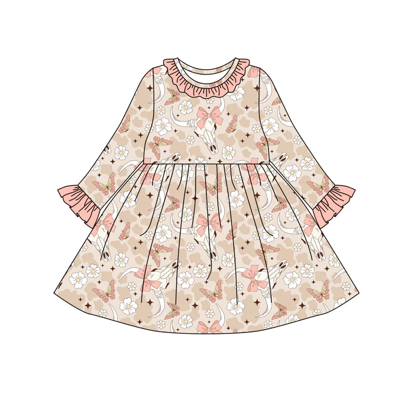 8.2Preorder (moq 5)Baby Girls Peach Camo Bull Skull Flowers Ruffle Knee Length Dresses