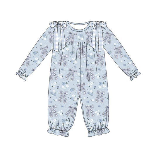 8.9Preorder(moq 5)Baby Infant Girls Blue Bows Flowers Plaid Ruffle Pant Rompers