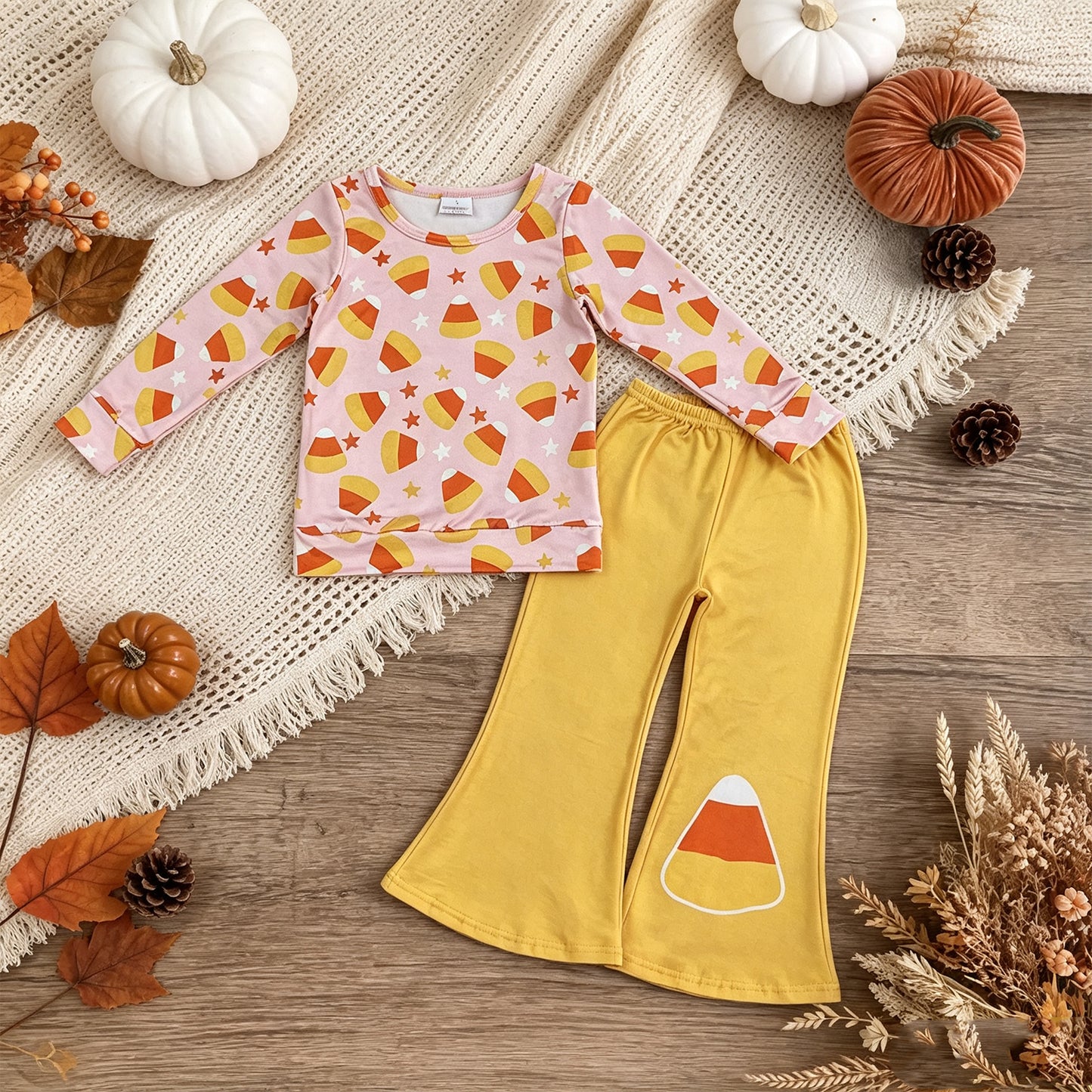 NEW RTS NO MOQ milk silk GLP3535 Baby Girls Pink Print Long Sleeve Top Yellow Flare Pants Halloween Casual Outfit