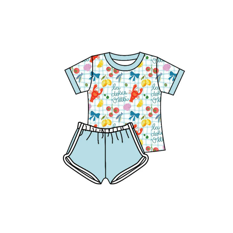 X11.19Preorder(moq 5) Baby Girls Crayfishes Lemons Checked Top Shorts Clothes Sets