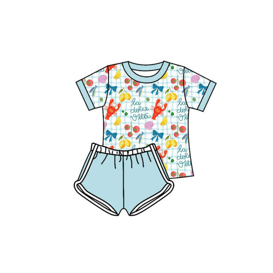 X11.19Preorder(moq 5) Baby Girls Crayfishes Lemons Checked Top Shorts Clothes Sets