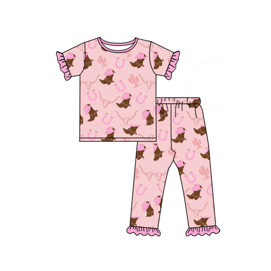 X1.15 Preorder (moq 5)Baby Girls Hat Boots Bull Skulls Top Ruffle Pants Western Pajamas Sets