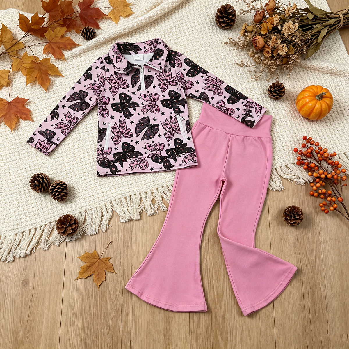 NEW RTS NO MOQ milk silk GLP3507 Baby Girls Bats Bows Zip Pockets Pullover Bell Bottom Pant Halloween Clothes Set