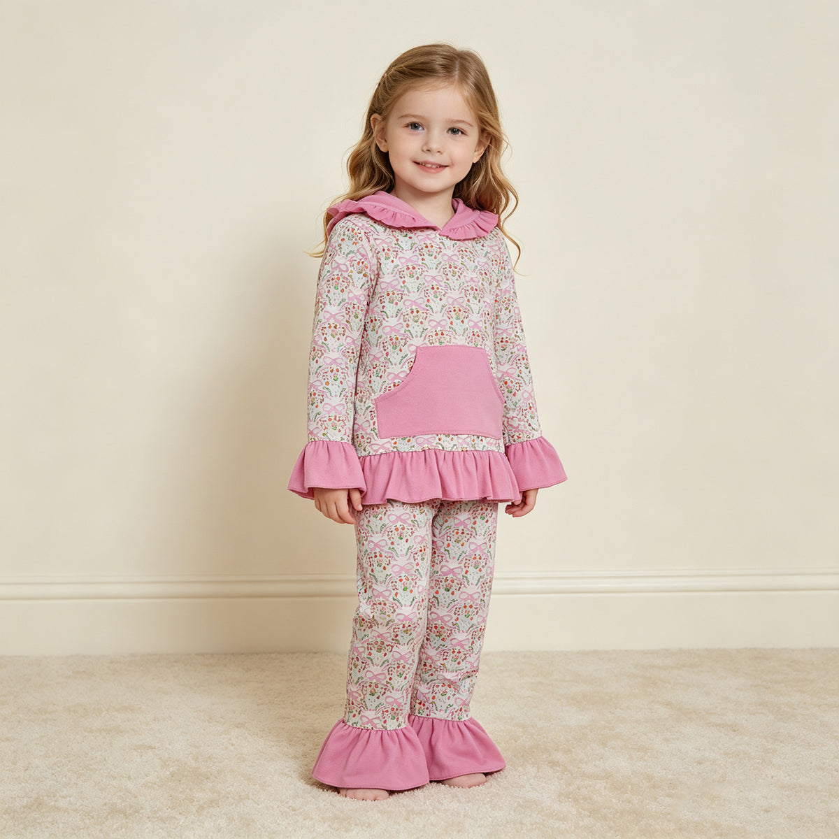 NEW RTS NO MOQ milk silk GLP3520 Baby Girls Pink Small Flowers Bows Pocket Ruffle Hoodie Pants Clothes Sets