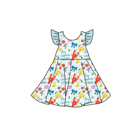 X11.19Preorder(moq 5) Baby Girls Flutter Sleeve Crayfishes Lemons Checked Knee Length Dresses