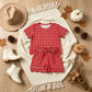 NEW RTS NO MOQ milk silk GSSO3838 Baby Girls Red Checked Shirt Top Pockets Short Scallop Clothes Set