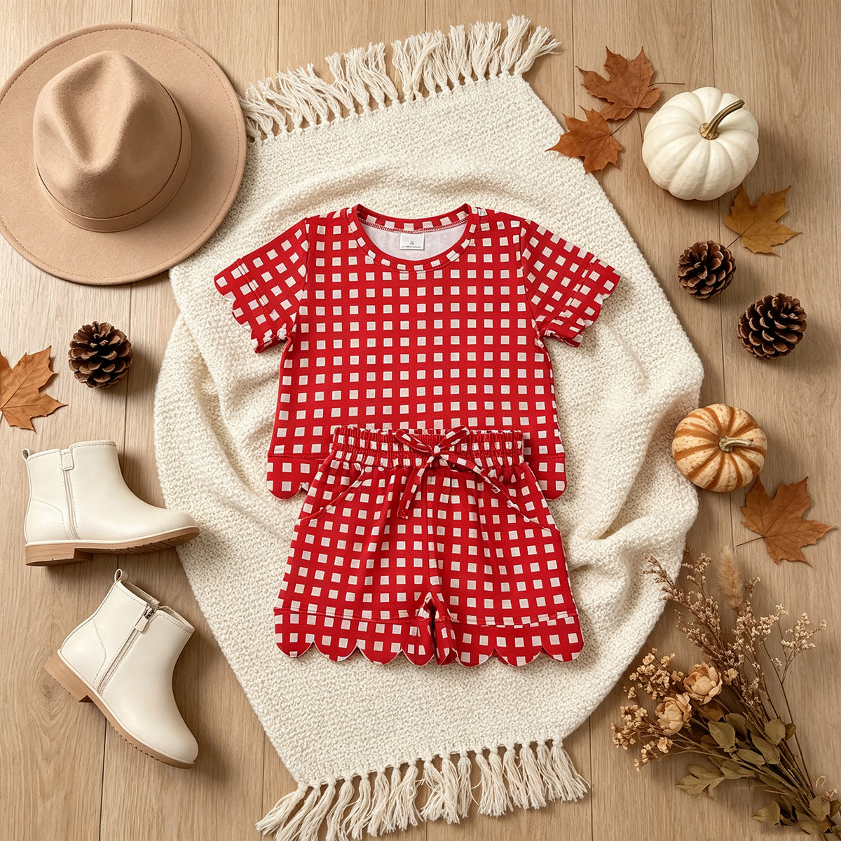 NEW RTS NO MOQ milk silk GSSO3838 Baby Girls Red Checked Shirt Top Pockets Short Scallop Clothes Set